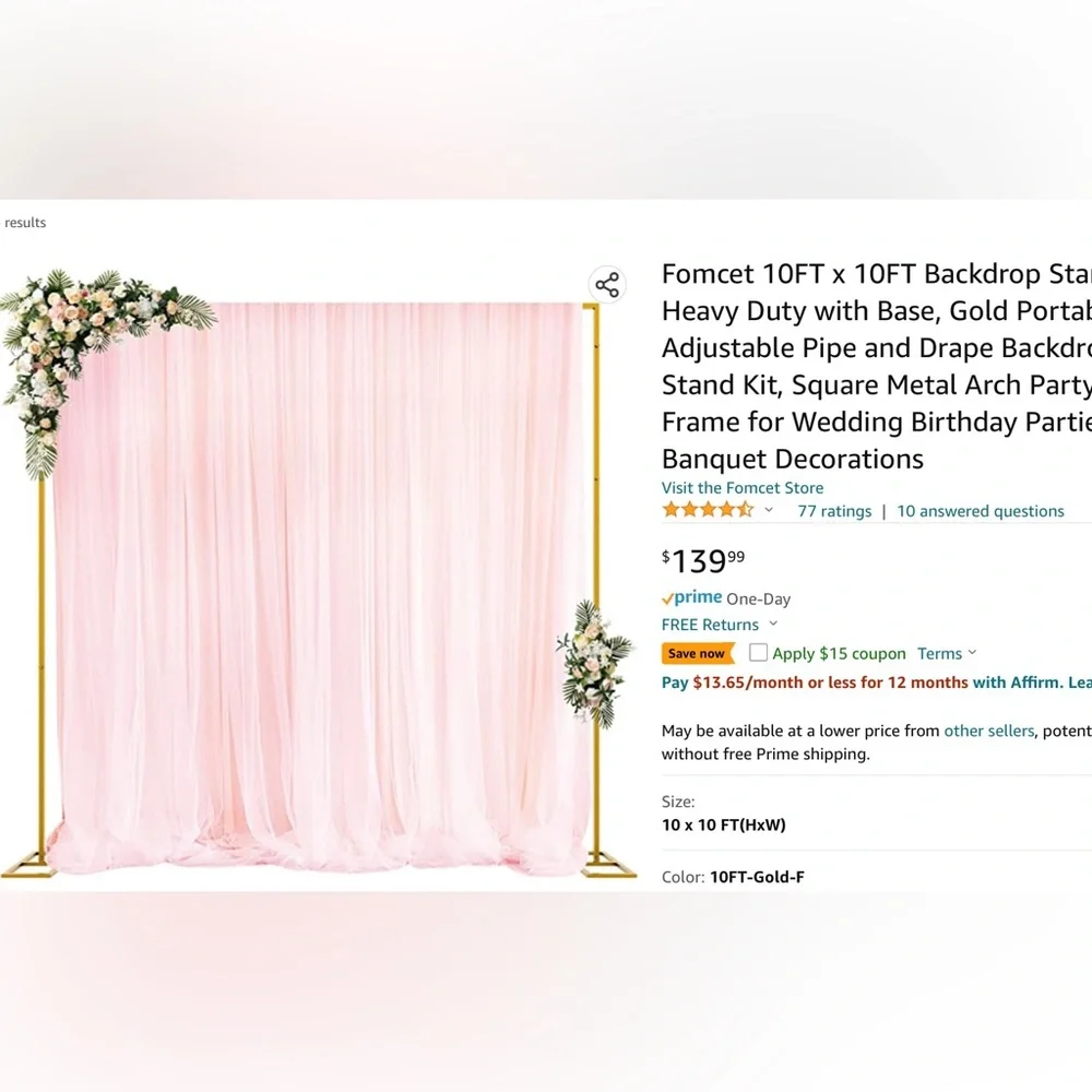 10FT x 10FT Backdrop Stand Heavy Duty with Base, Gold Portable Adjustable